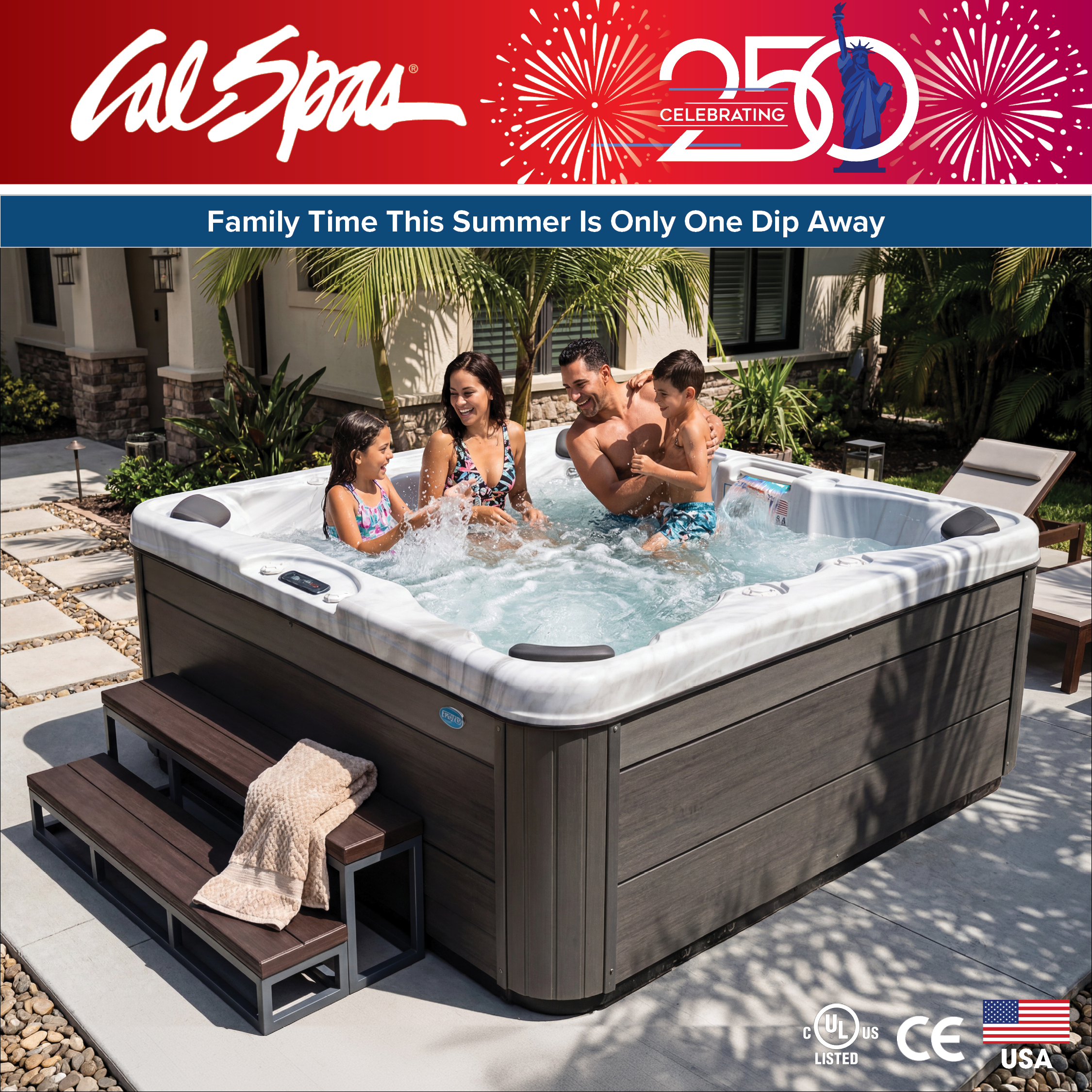 Calspas hot tub being used in a family setting - Coos Bay
